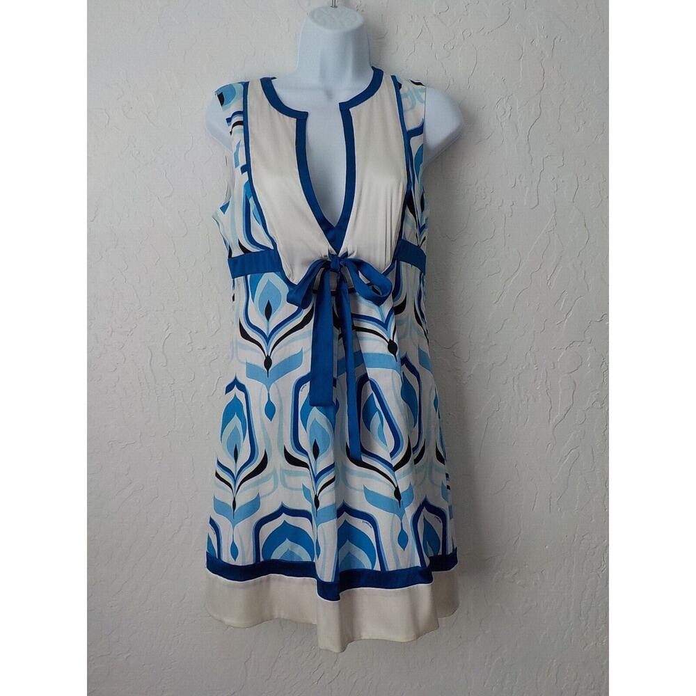 Bebe VNeck Dress Women Small Babydoll White Blue Geometric Bow Sleeveless NWT